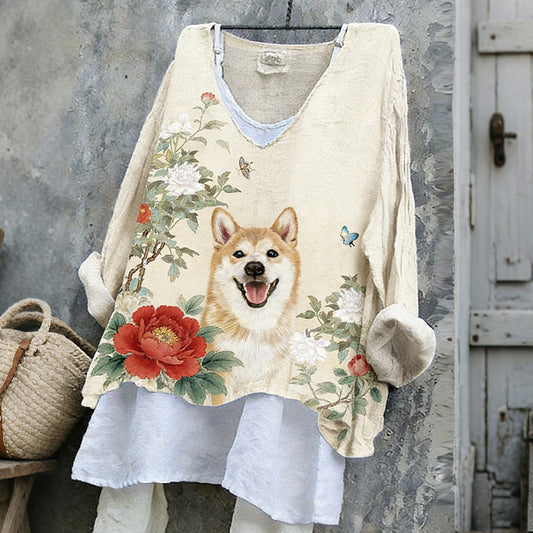 Comstylish Women's Cute Shiba Inu With Floral Ink Art V-neck Linen Blend T-shirt