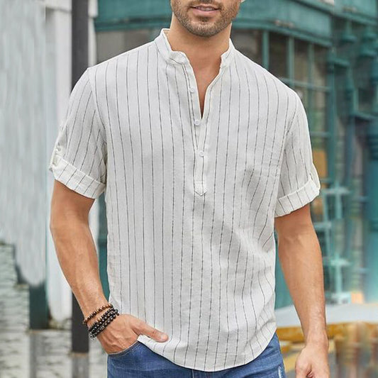 Men's Casual Stripes Art Linen Blend Shirt elevenforest