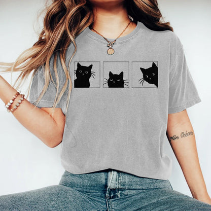 Women's Abstract Creative Cute Black Cat Art Print T-shirt elevenforest