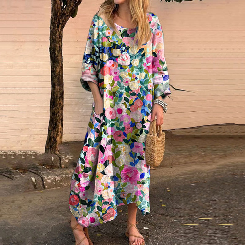 Comstylish Women's Watercolor Floral Print Comfort Linen Dress