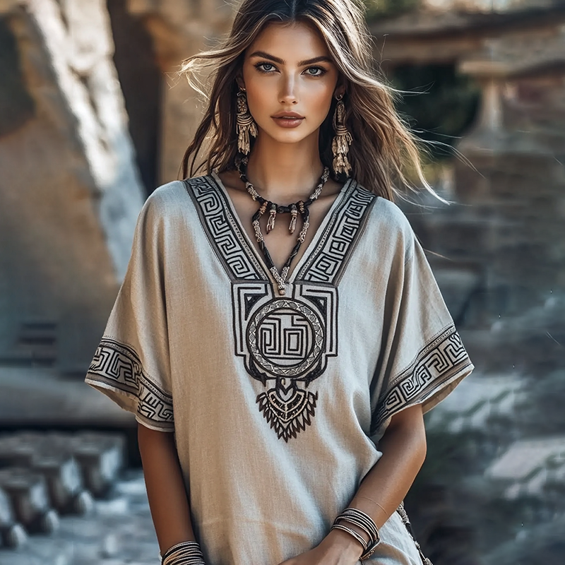 Vintage Greek Key V Neck Cotton Linen Contrast Shirt elevenforest