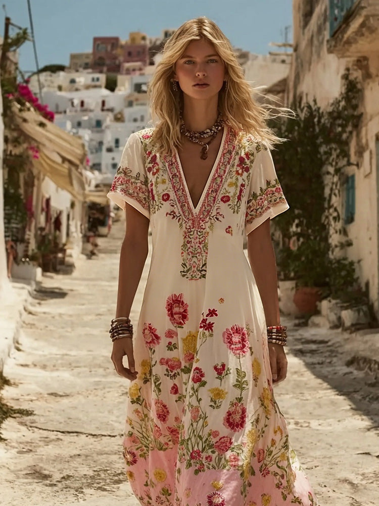 Elegant Boho Roses Pattern V Neck Flowy Linen Maxi Dress elevenforest