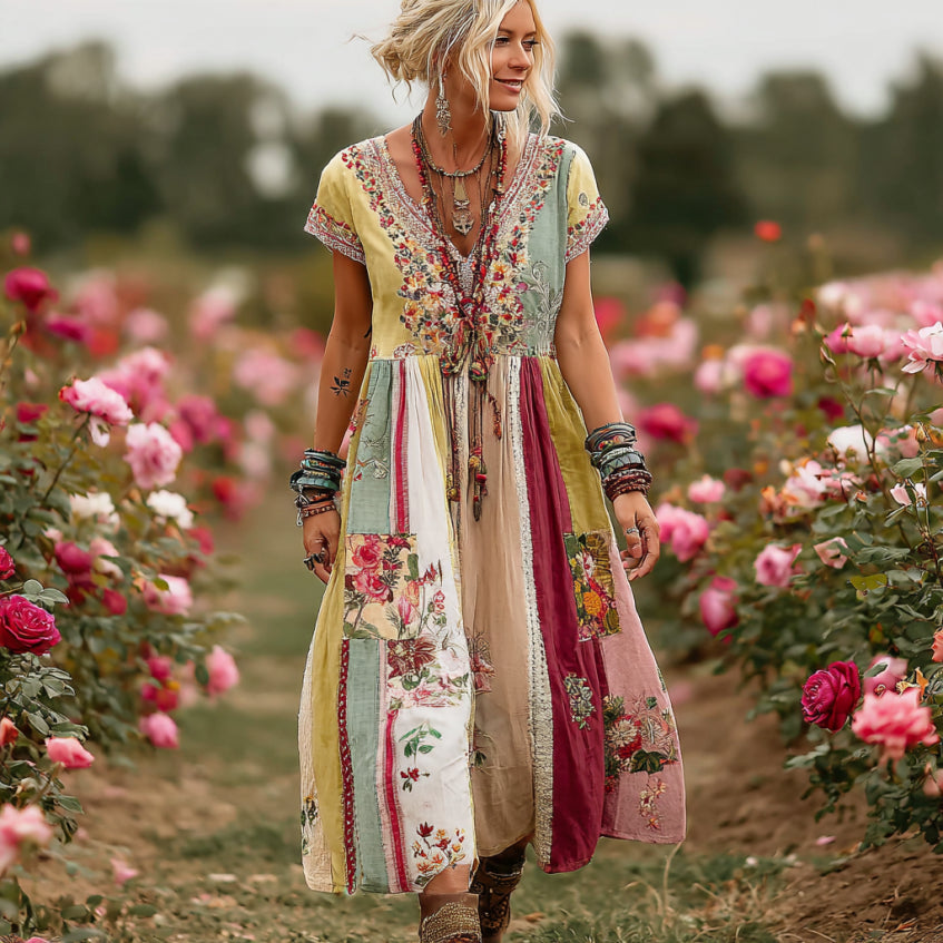 Women's Vintage Rose Floral Art Patchwork Comfy Maxi Dress elevenforest