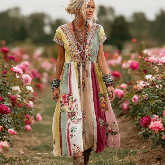 Women's Vintage Rose Floral Art Patchwork Comfy Maxi Dress elevenforest