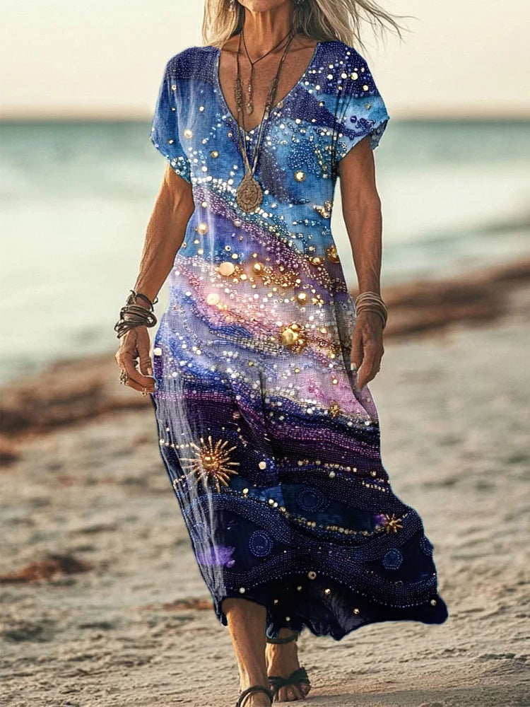 Comstylish Women's Starry Sky Inspired Beaded Embroidered Linen Blend Dress