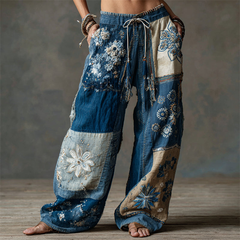 Boho Floral Lace Embroidered Patchwork Flowy Linen Wide Leg Pants elevenforest