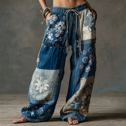 Boho Floral Lace Embroidered Patchwork Flowy Linen Wide Leg Pants elevenforest