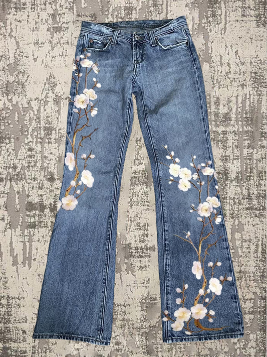 Japanese Floral Embroidery Art Women's Jeans elevenforest