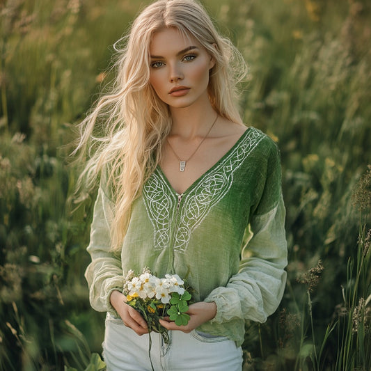 Women's St. Patrick's Celtic Knot Blend Linen V-neck Shirt elevenforest