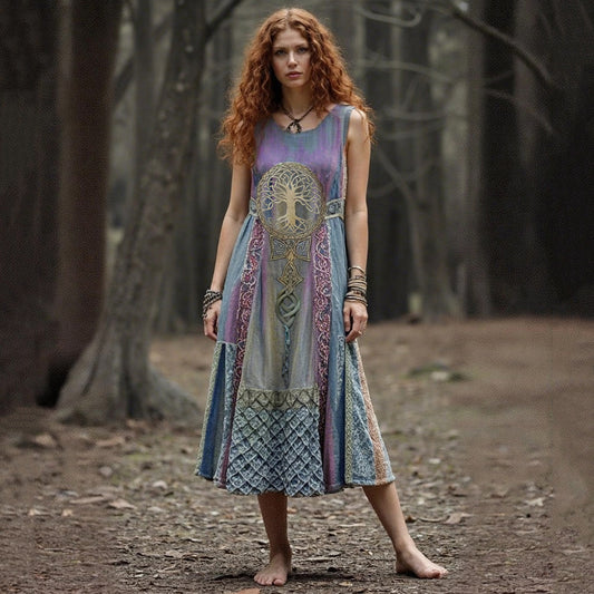 Vintage Tribal Life Of Tree Patchwork Art Linen Tank Dress elevenforest