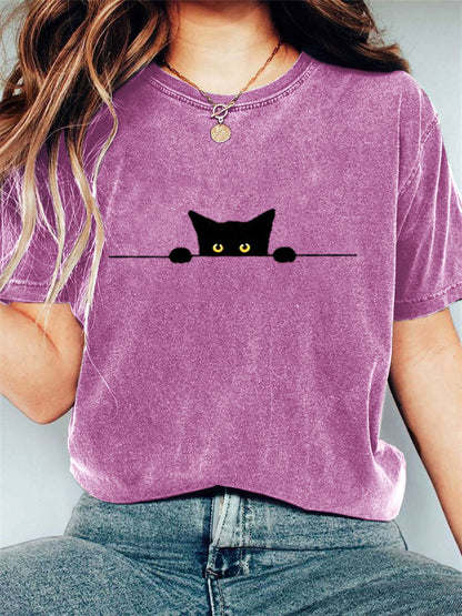 Women's Casual Funny Black Cat Print T-shirt elevenforest