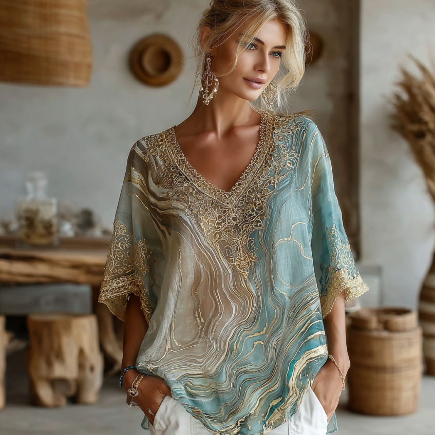 Vintage Marble Texture Collection Bohemia Women Style Gradient Black Gilded Pattern Linen V Neck T-shirt elevenforest
