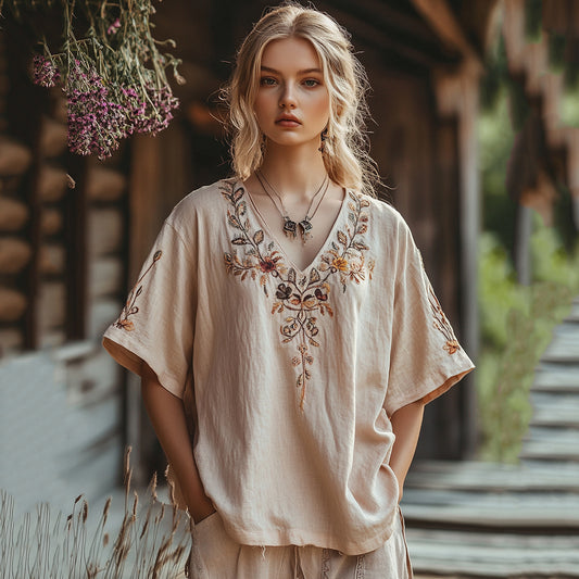 Women's Bohemian Vintage Flowers Art Casual Linen Top elevenforest