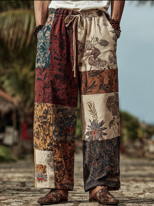Western Bohemian Style Plant And Flower Pattern Retro Cotton And Linen Loose Wide-leg Pants elevenforest