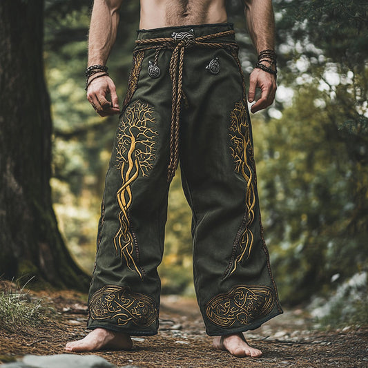 Vintage Viking Life Of Tree Embroidery Art Linen Loose Wide-leg Pants elevenforest