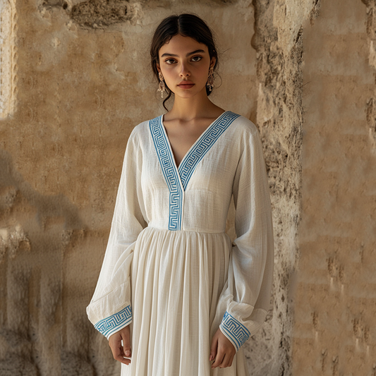 Vintage Greek Inspired V Neck Linen Blend Maxi Dress elevenforest