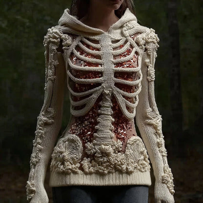 Comstylish Halloween Skull Floral Knitted Warm Hooded Sweater
