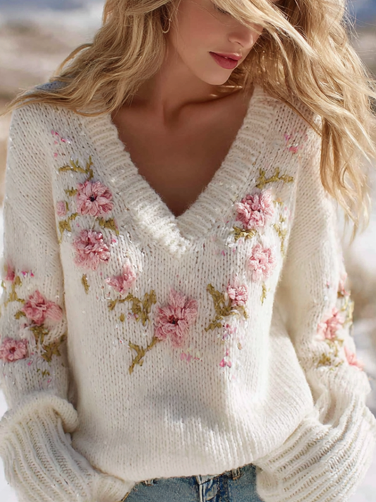 Bohemian Style Floral Embroidery Women's V-neck Knitted Sweater elevenforest