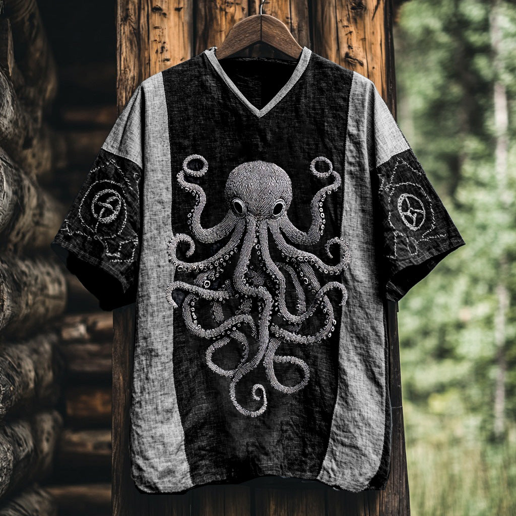 Retro Viking Crusoe Octopus Art Linen V-neck T-shirt elevenforest