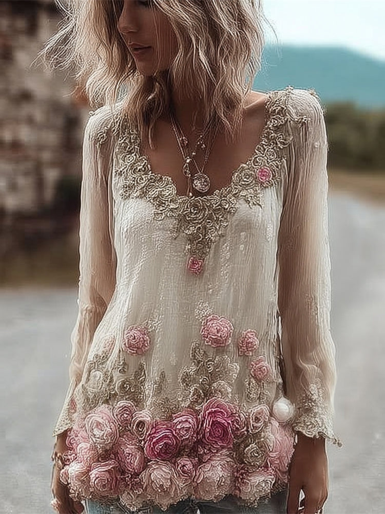 Boho Floral Art Lace Embroidered Women's Long Sleeve Shirt elevenforest