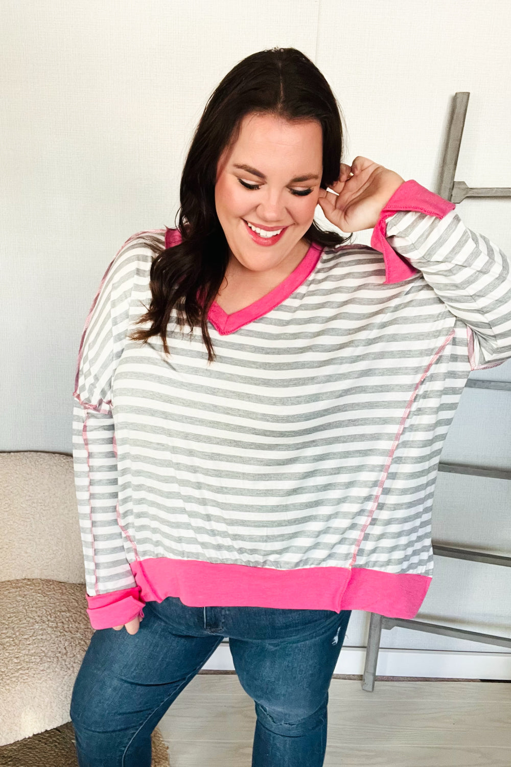 Sabina® | Heather Gray Stripe Hi-Lo Out Seam Stitch Sweater