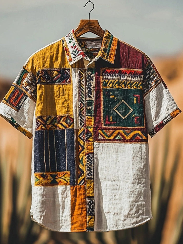 Vintage Geometric Pattern Patchwork Linen Shirt elevenforest
