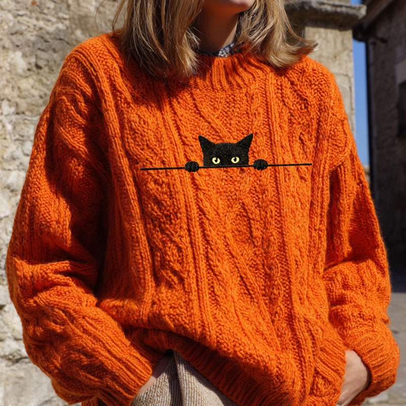 Comstylish Women's Casual Funny Black Cat Print Sweater