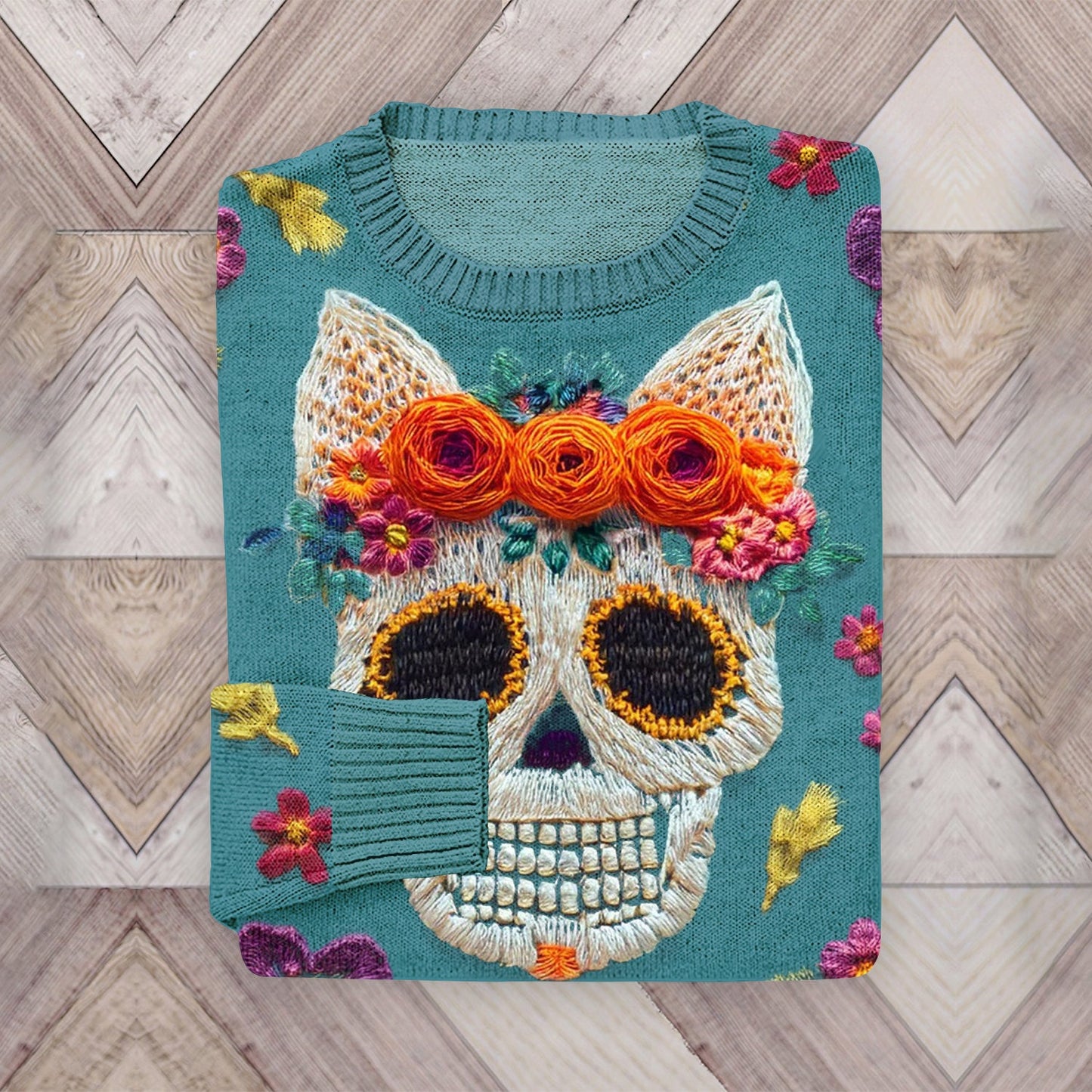 Mexican Catrina Day Of The Dead Floral Skull Cat Embroidered Art Crew Neck Sweater elevenforest