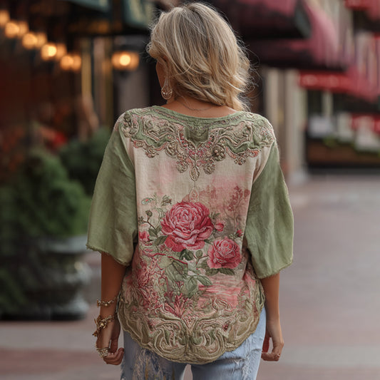 Love & Health Collection Classic Rose And Floral Art Linen Round Neck Shirt elevenforest