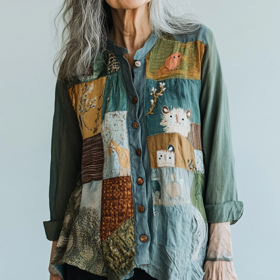 Bohemian Style Patchwork Art Animal Forest Embroidery Linen Long Sleeve Shirt elevenforest