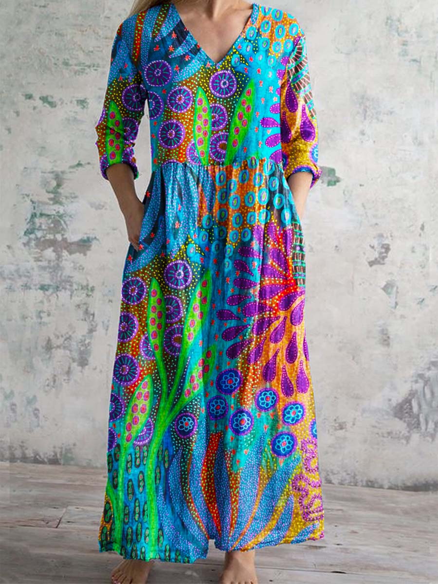 Women's Artistic Texture Geometric Pattern V-neck Cotton And Linen Dre