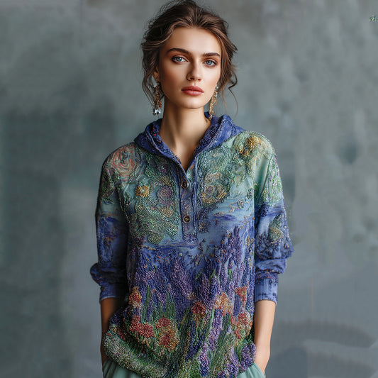 Women's Oil Painting Floral Contrast Color Sequined Button Hoodie elevenforest