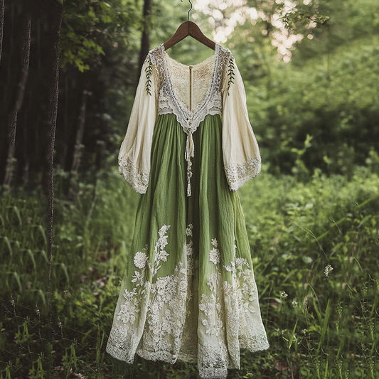 Vintage Floral Embroidered Pattern Linen Contrast Color Maxi Dress elevenforest