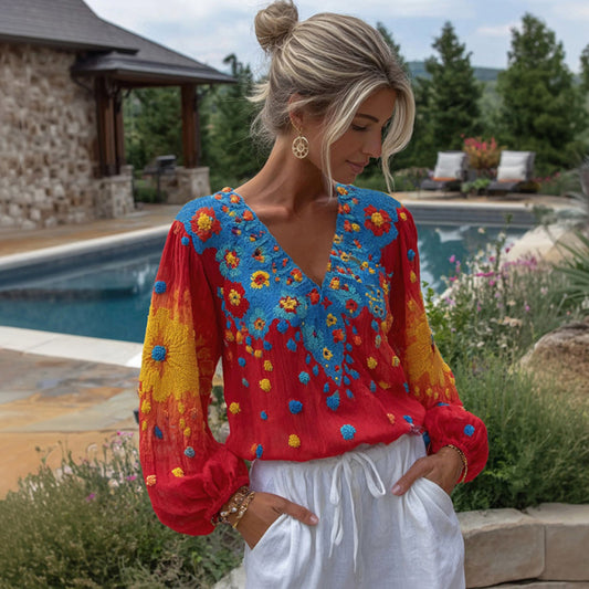 Women's Venezuelan Floral Pattern Linen Blend T-shirt elevenforest