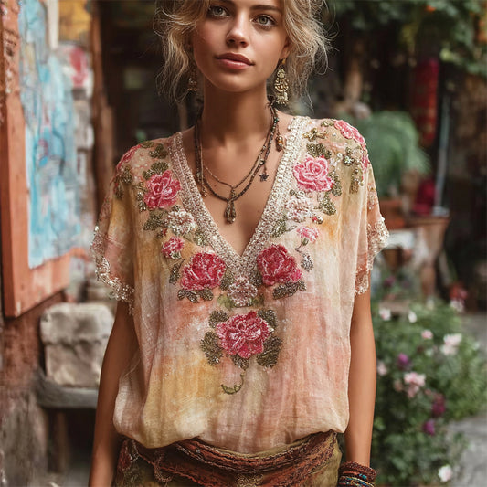 Boho Sunset Floral Embroidery Women's Linen V-neck Shirt elevenforest