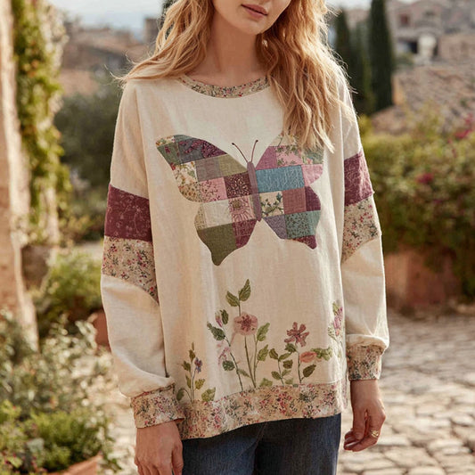 Women's Vintage Bohemian Style Round Neck Comfortable Linen Top With Butterfly Pattern elevenforest