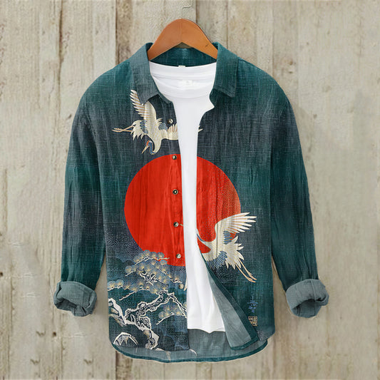 Cranes & Pine Trees Sunrise Japanese Linen Blend Shirt elevenforest
