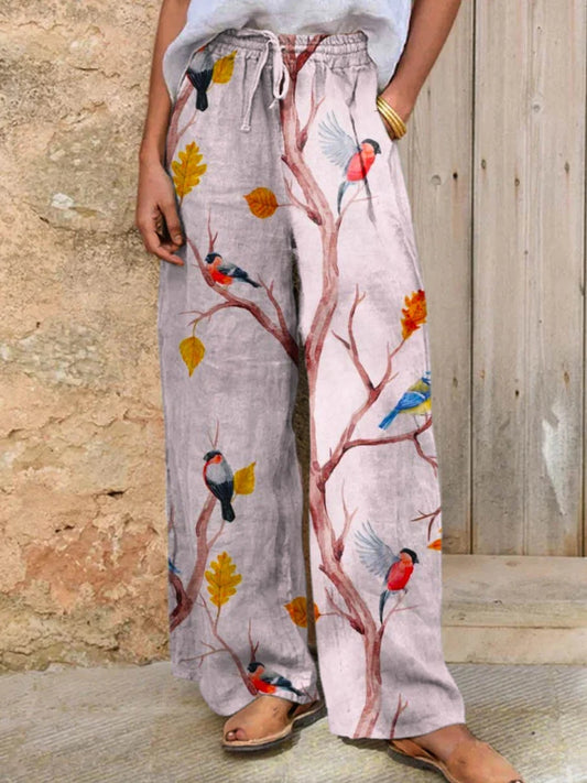 Comstylish Women's Cute Bird Art Linen Wide Leg Pants