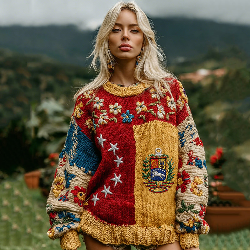Wwomen's Stand With Venezuela Inspired Venezuela Flag With Floral Patchwork Art Cozy Knit Sweater elevenforest
