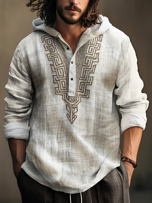 Vintage Greek Geometric Men's Hooded Linen Shirt elevenforest
