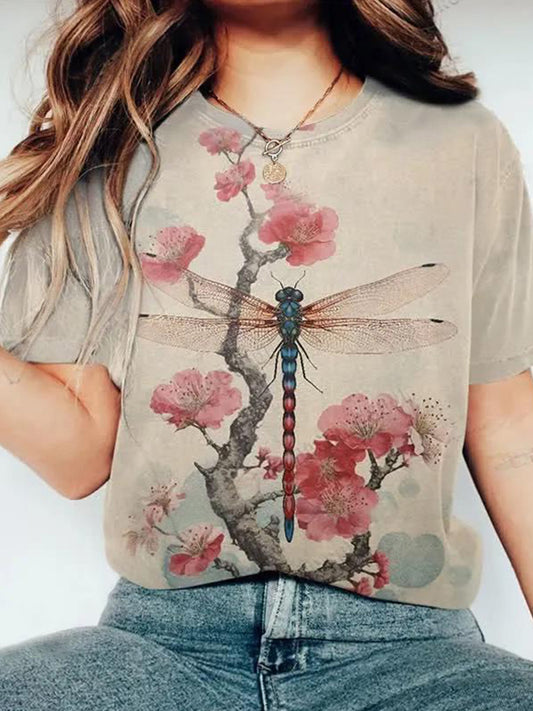 Comstylish Retro Plum Blossom Dragonfly Japanese Art Print Casaul T-shirt