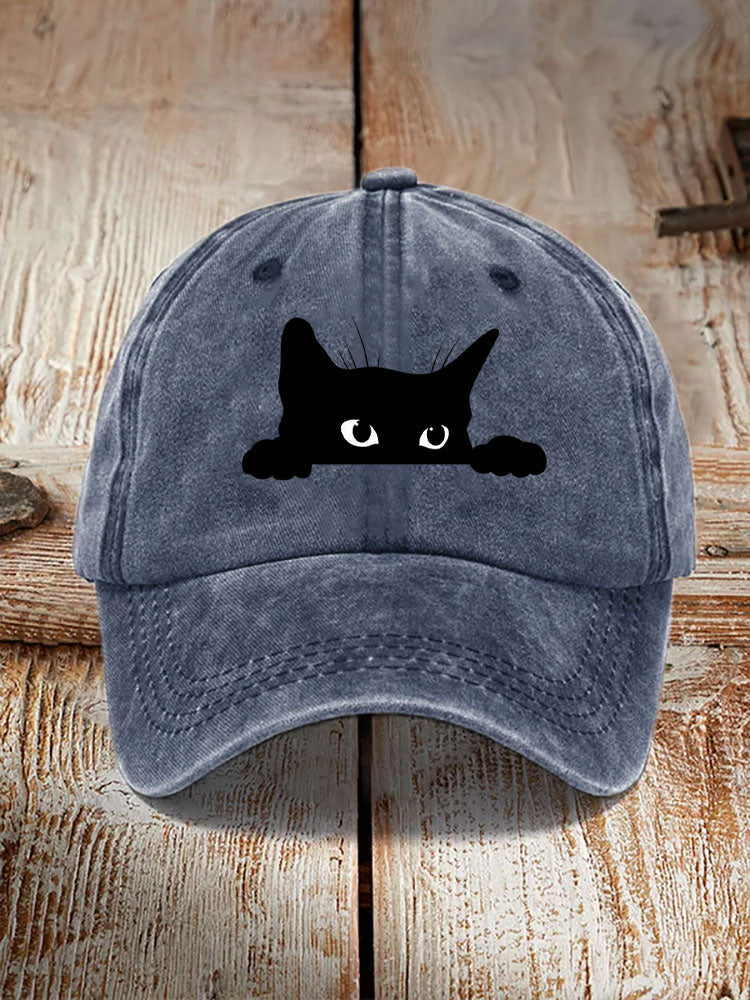 Unisex Washed Cotton Bend Casual Black Cat Print Hat elevenforest