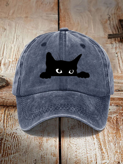 Unisex Washed Cotton Bend Casual Black Cat Print Hat elevenforest