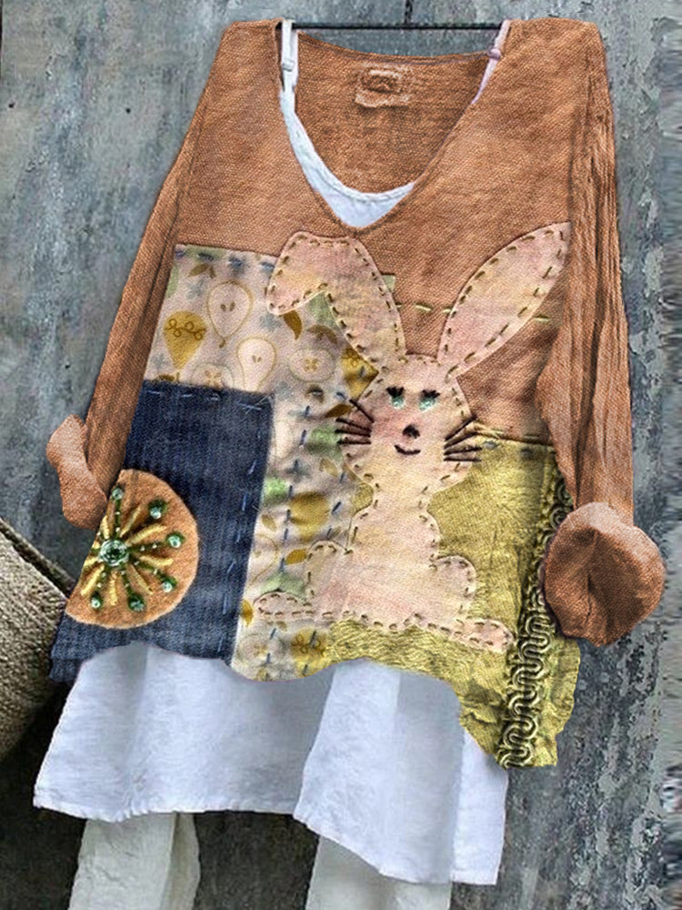 Women's Vintage Patchwork Bunny Pattern Linen Blend Shirt elevenforest