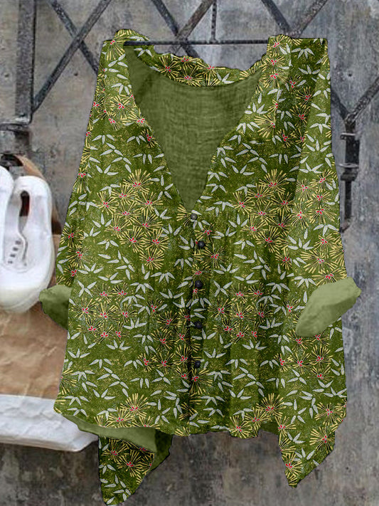 Bamboo Leaves Japanese Pattern Linen Blend Cozy Shirt elevenforest