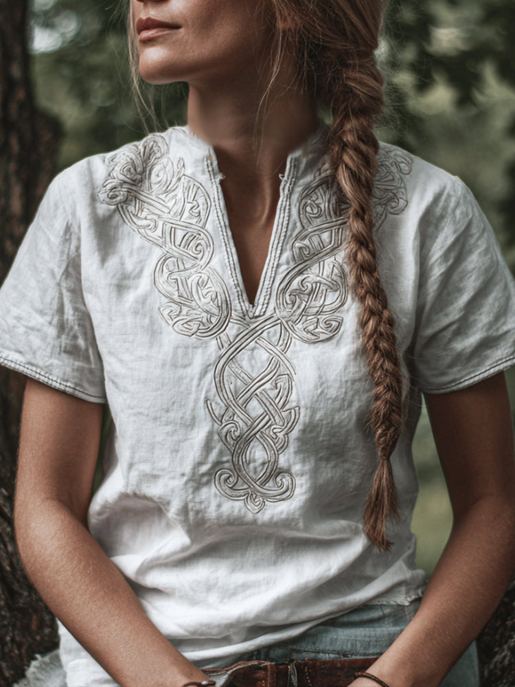 Viking Pattern V-neck Short-sleeved Shirt elevenforest