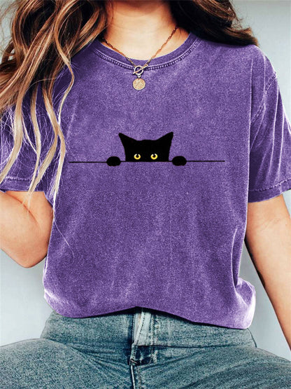 Women's Casual Funny Black Cat Print T-shirt elevenforest