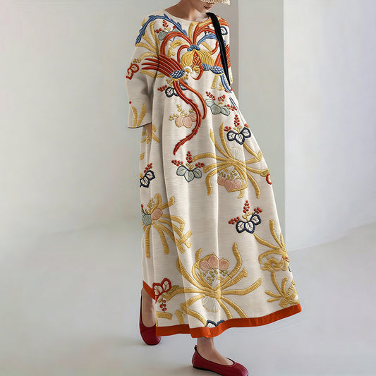 Comstylish Women's Vintage Japanese Floral Print Linen Blend Midi Dress