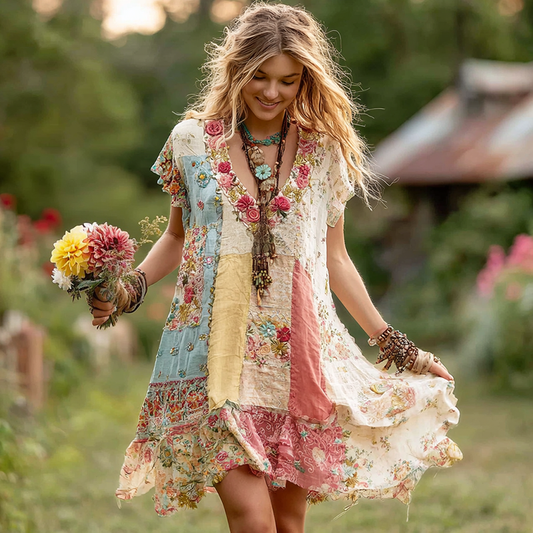 Women's Retro Floral Short Sleeve Dress elevenforest