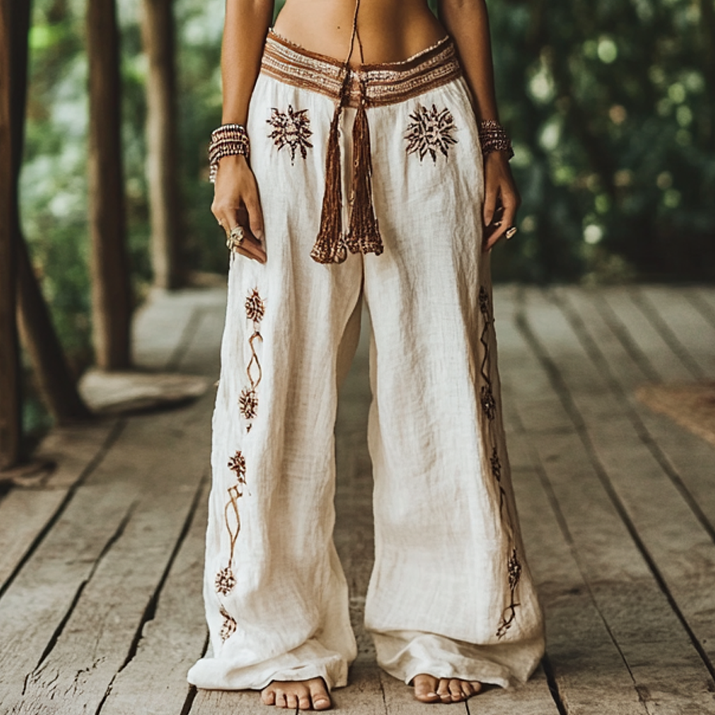 Vintage Bohemian Floral Ethnic Art Printed Cotton Linen Wide Leg Pants elevenforest
